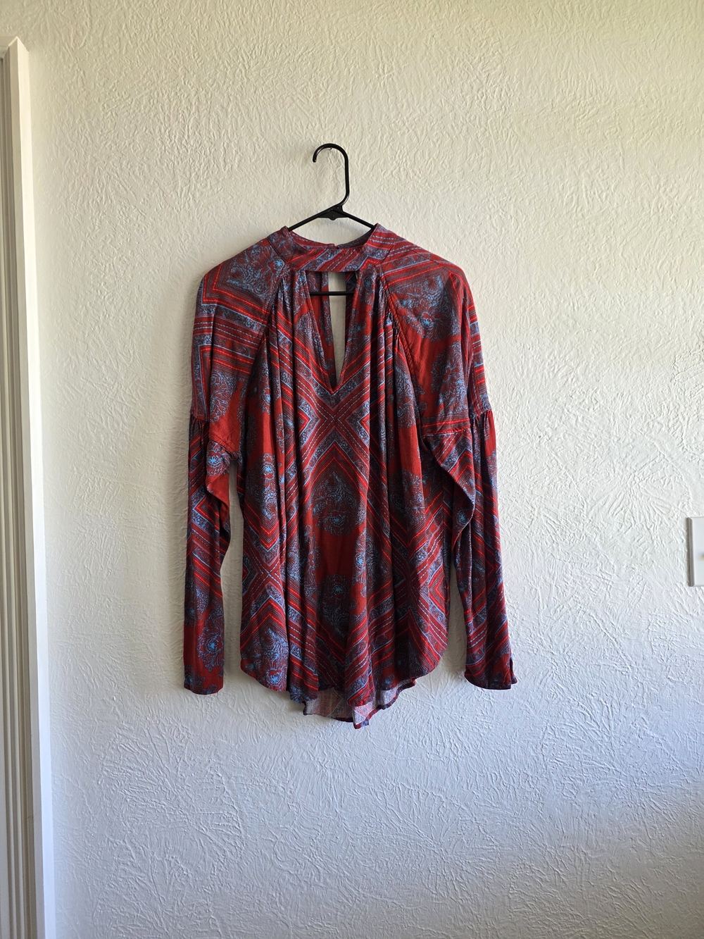 Free People Red and Blue Patterned Long-Sleeve Peasant Blouse